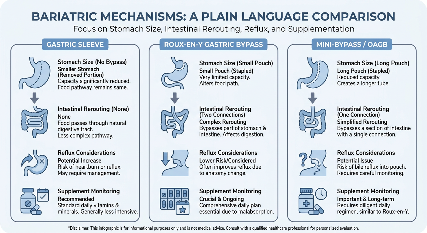 How gastric sleeve, bypass, and mini-bypass differ in mechanism — infographic